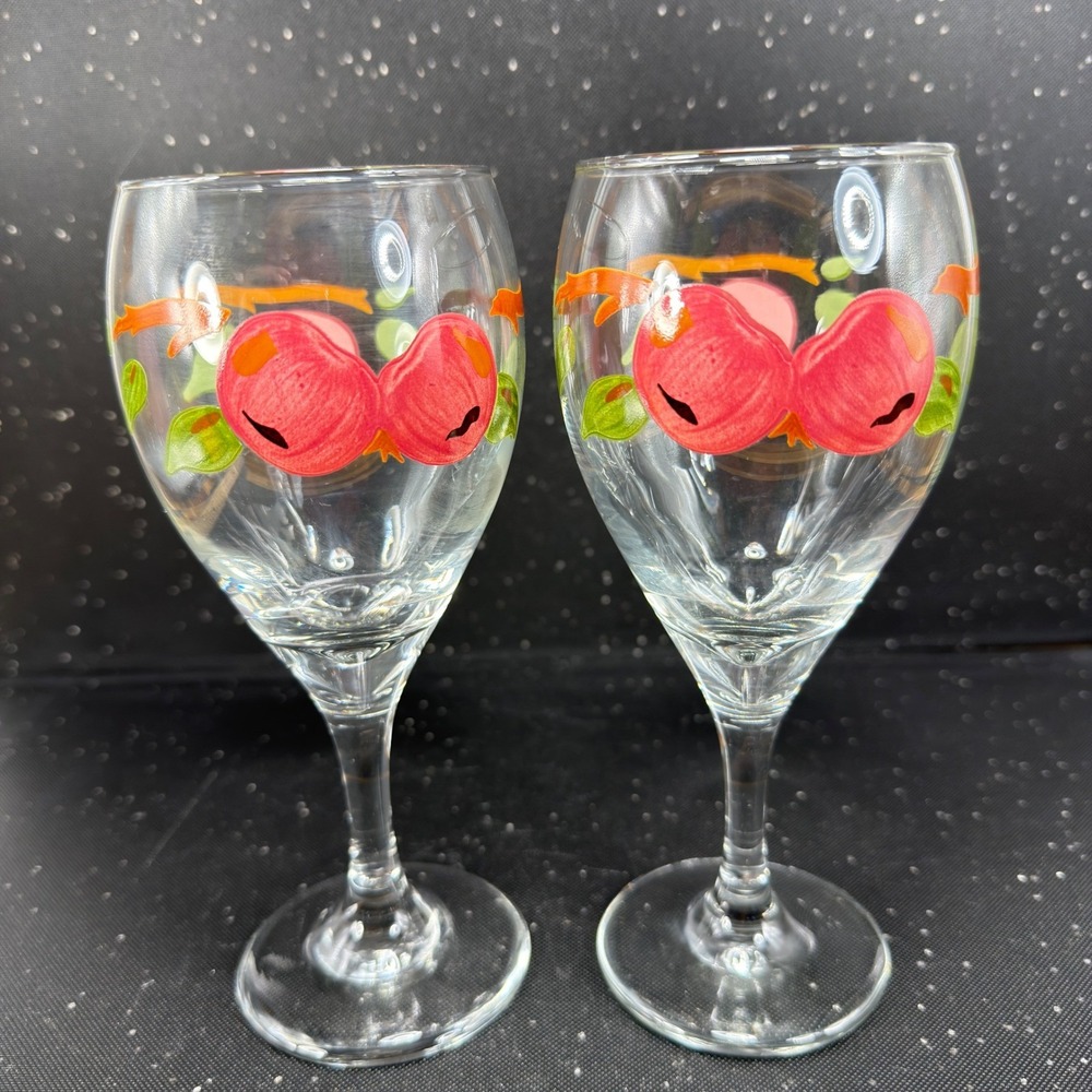 Franciscan Apple Wine Glass Set of 2 Hand Painted Fruit Stemware Cups 7.5 Inch